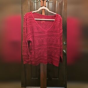 Red Crochet Knit V-Neck Women's Sweater